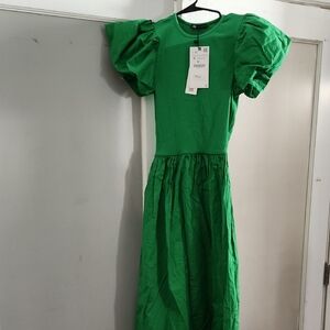 Zara emerald Green A-line Dress with Puff Sleeves